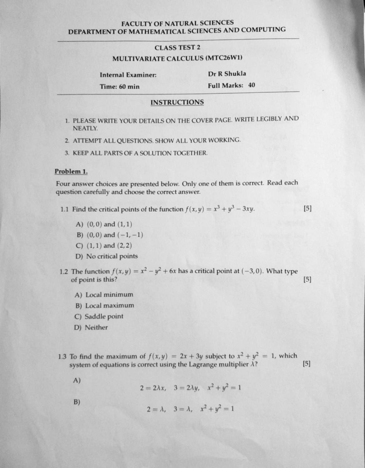 Multivariate Calculus Test 2 (MTC26W1) - Faculty of Natural Sciences ...