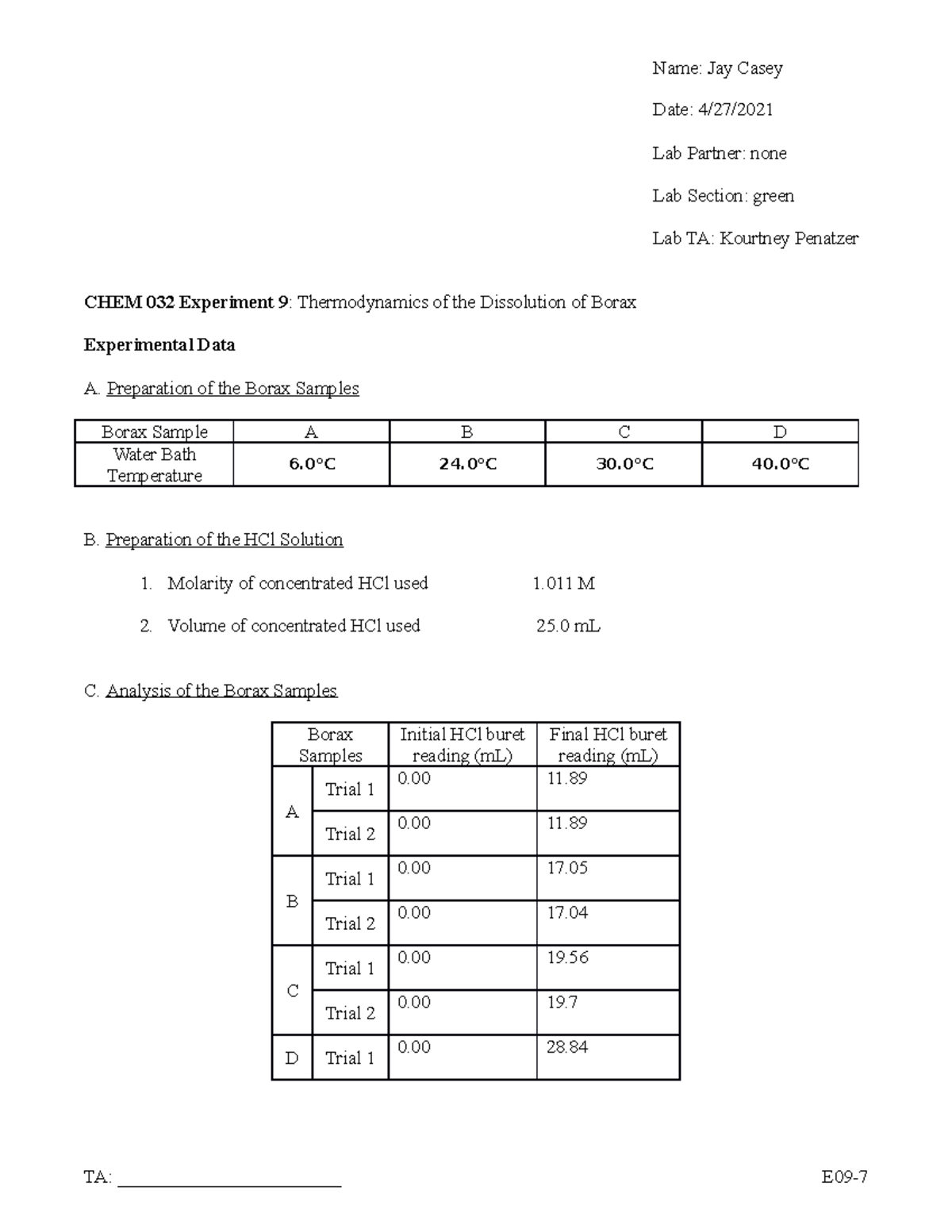CHEM 032 Exp 9 Lab: Thermodynamics of Borax Dissolution Analysis - Studocu