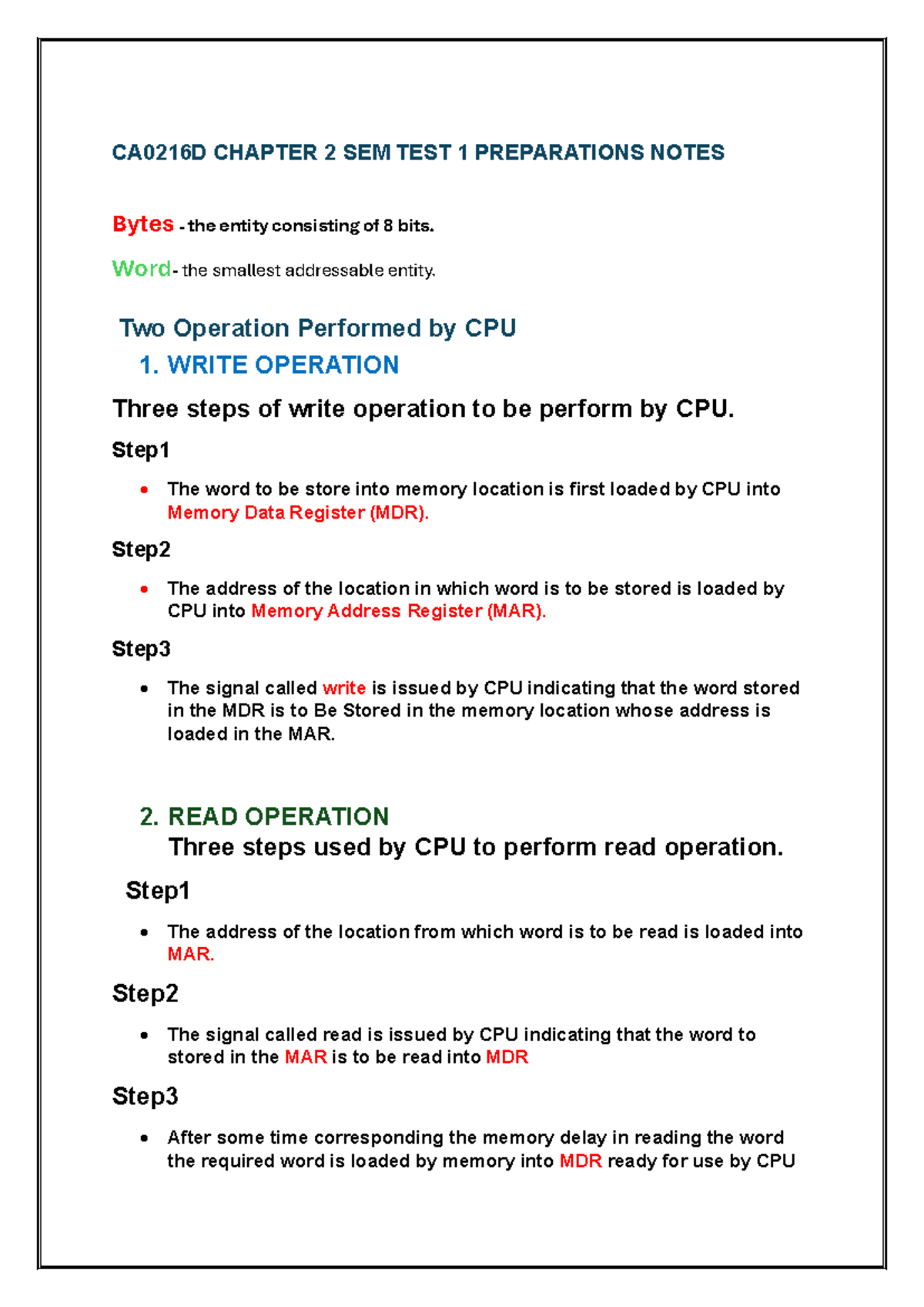 CA0216D Chapter 2 SEM Test 1 Preparation Notes on CPU Operations - Studocu