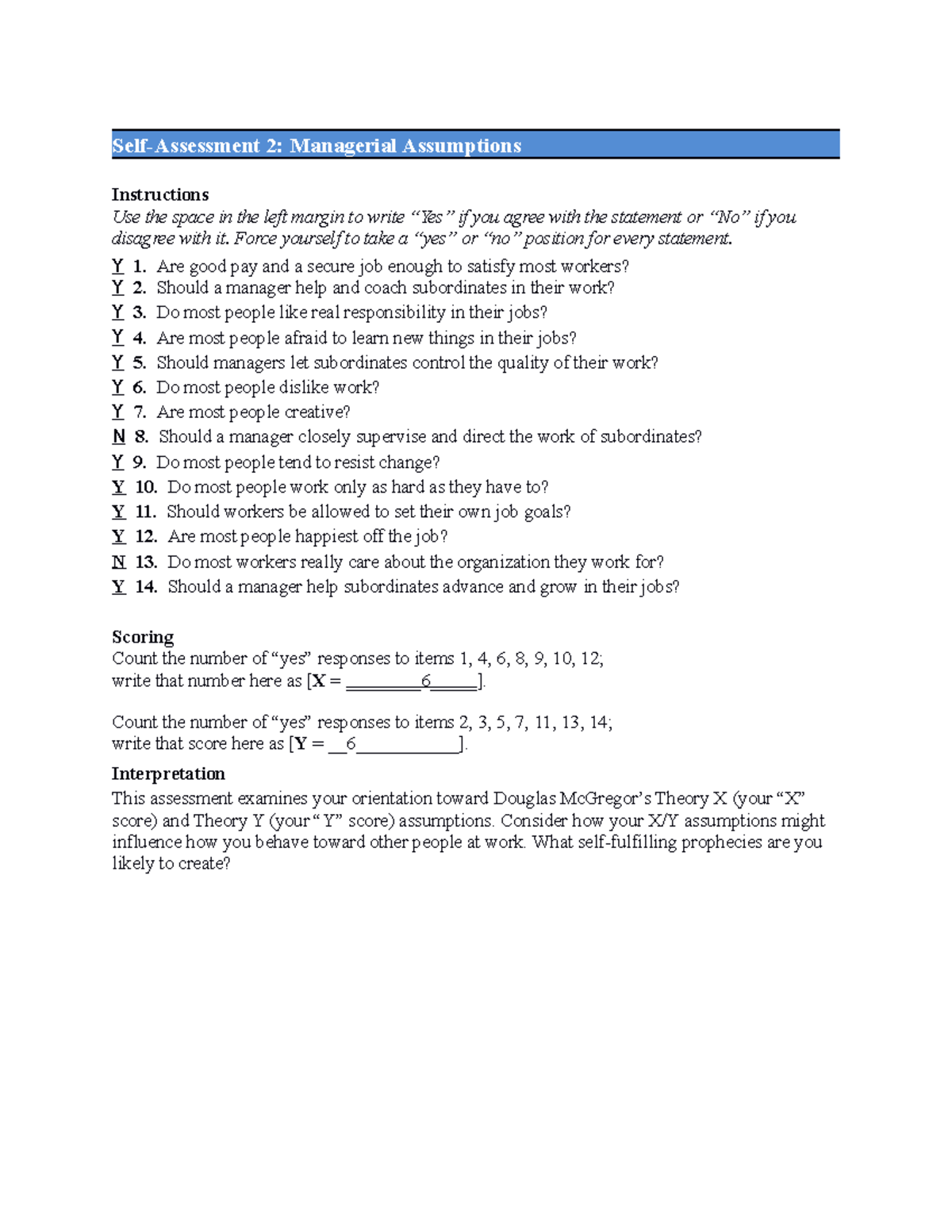 MGMT CH.2 Assessment - Self-Assessment Guide on Managerial Assumptions ...
