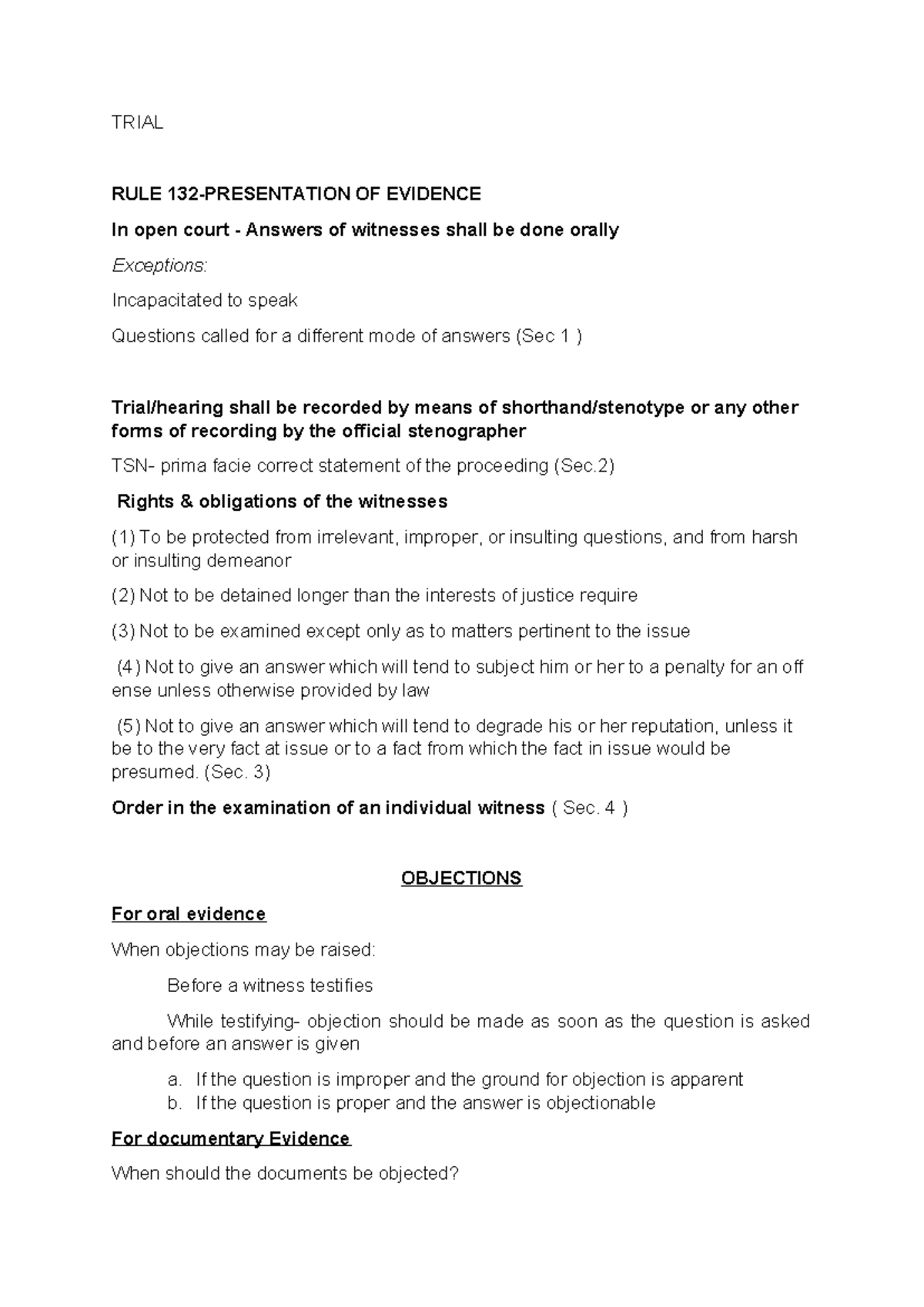 TRIAL RULE OF EVIDENCE: Objections in Court Practice - Studocu