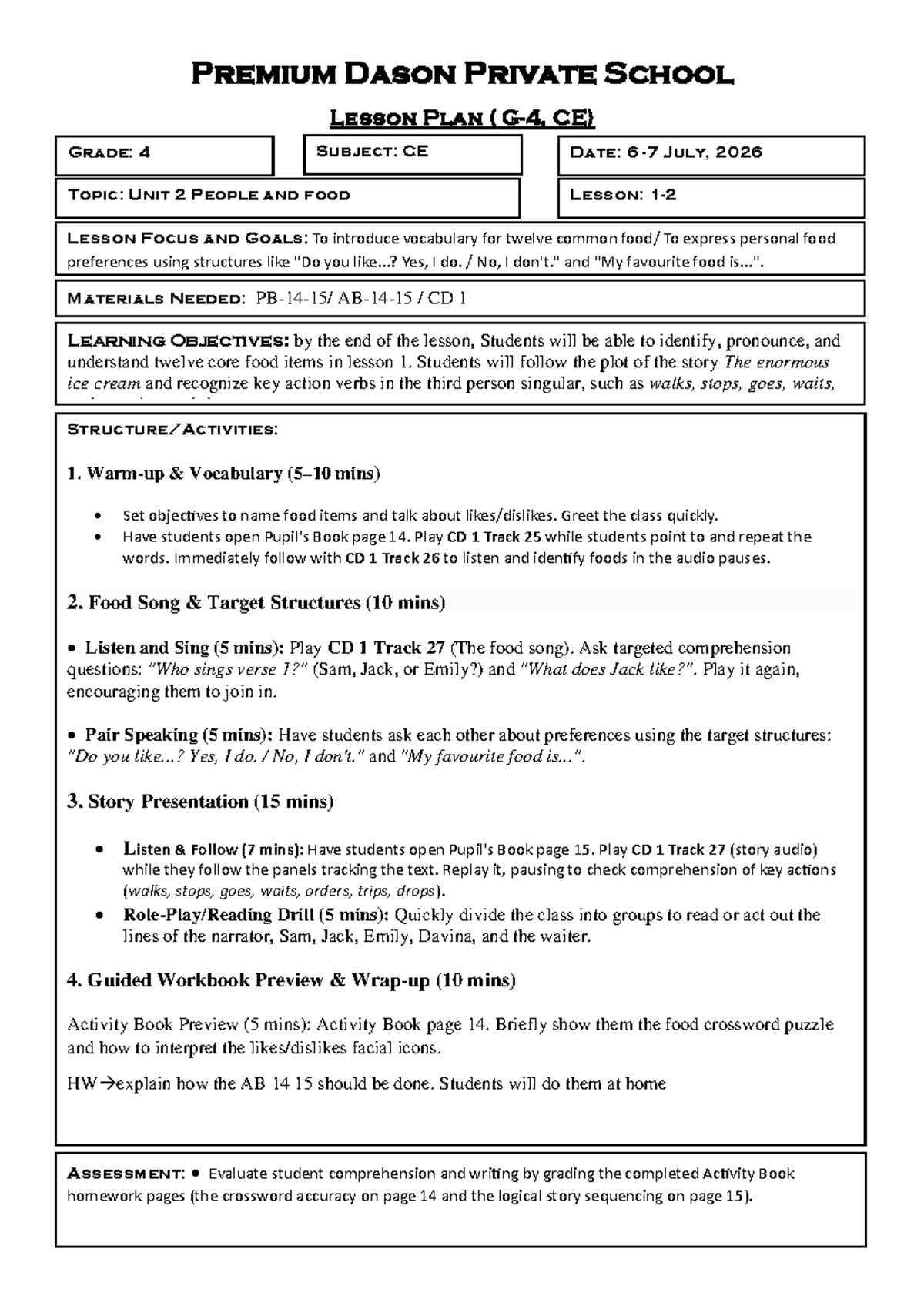 Grade 4 CE Lesson Plan: Unit 2 - People and Food (July 6, 2026) - Studocu