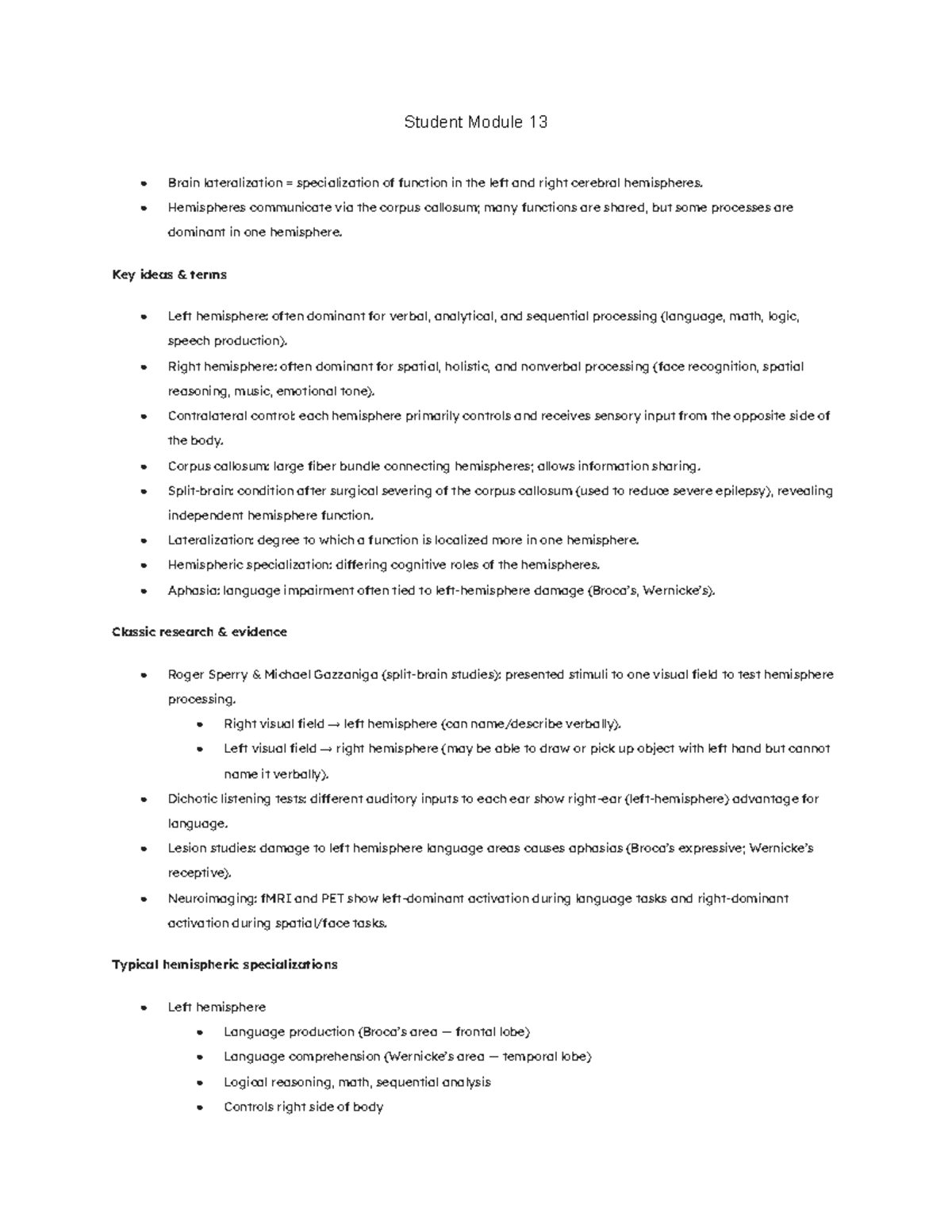 AP Psych Module 13: Brain Lateralization & Hemispheric Specialization ...