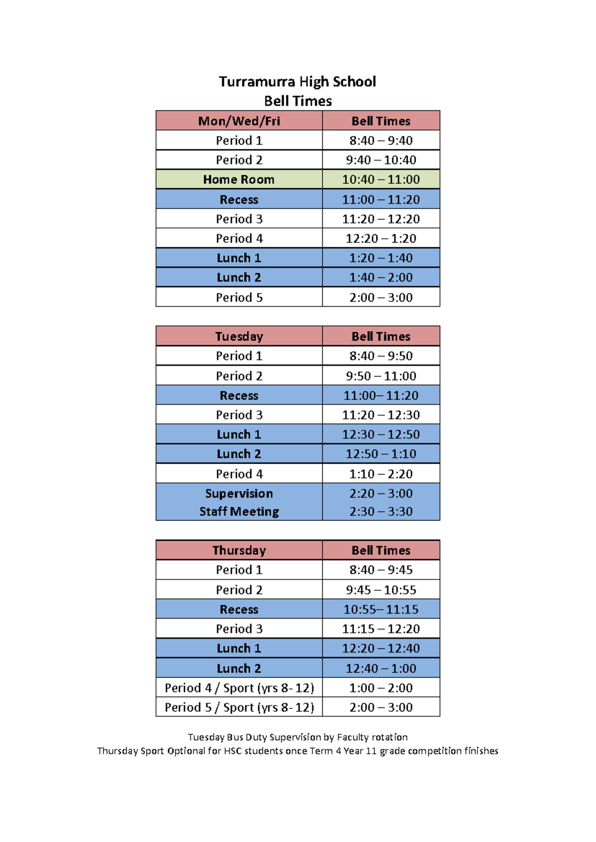 2024 Bell Times - Turramurra High School Bell Times Mon/Wed/Fri Bell ...