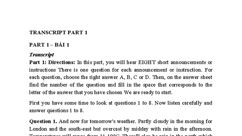 Listening PART 1: Announcements and Instructions Transcript - Studocu