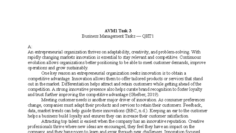 AVM1 Task 3 - Innovation in Entrepreneurial Organizations - Studocu
