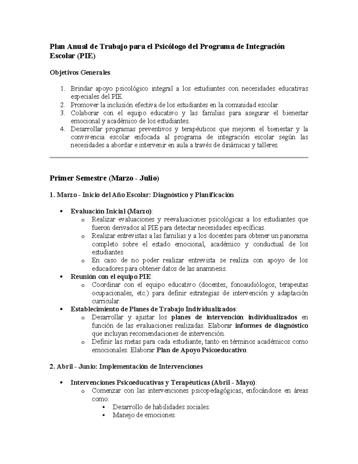 Plan Anual de Trabajo para Psicólogo en Programa de Integración Escolar - Document Preview