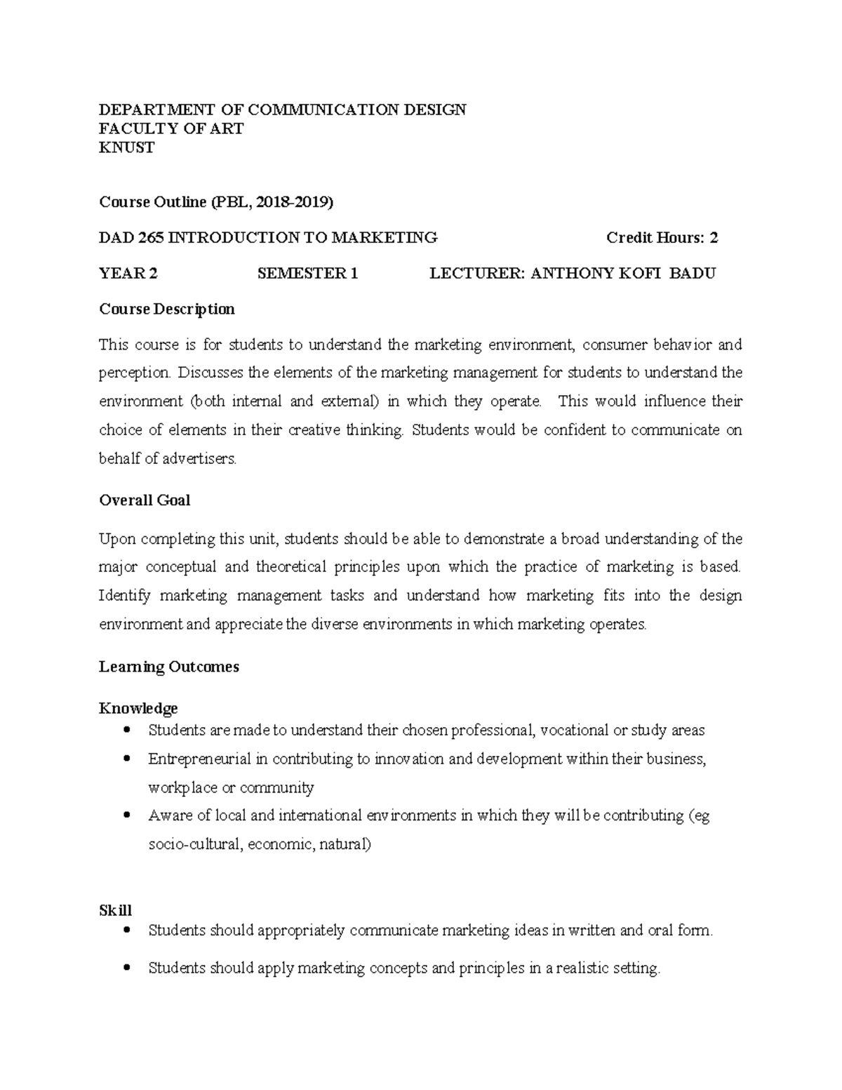 MKTG DAD 265 Course Outline - Introduction to Marketing Notes - Studocu