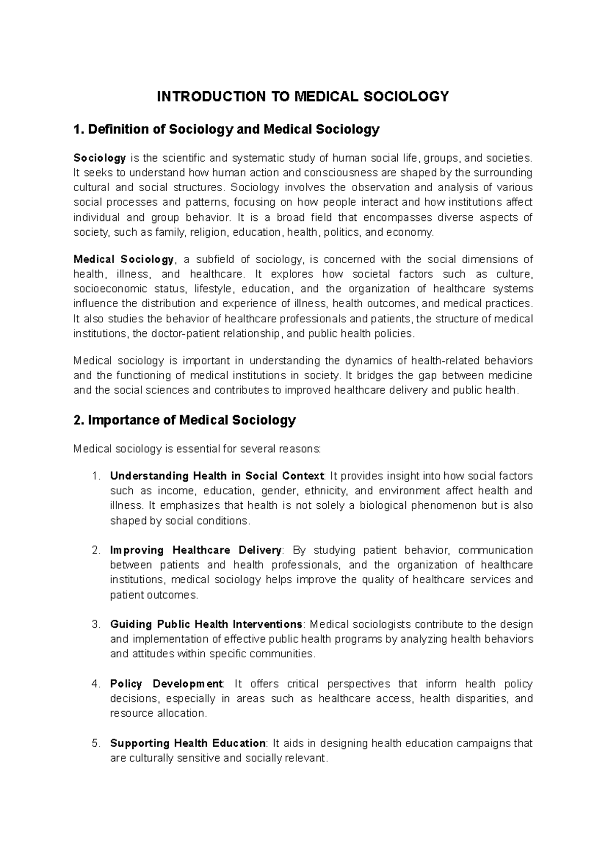 Introduction to Medical Sociology - Course Code: MED 101 - Studocu