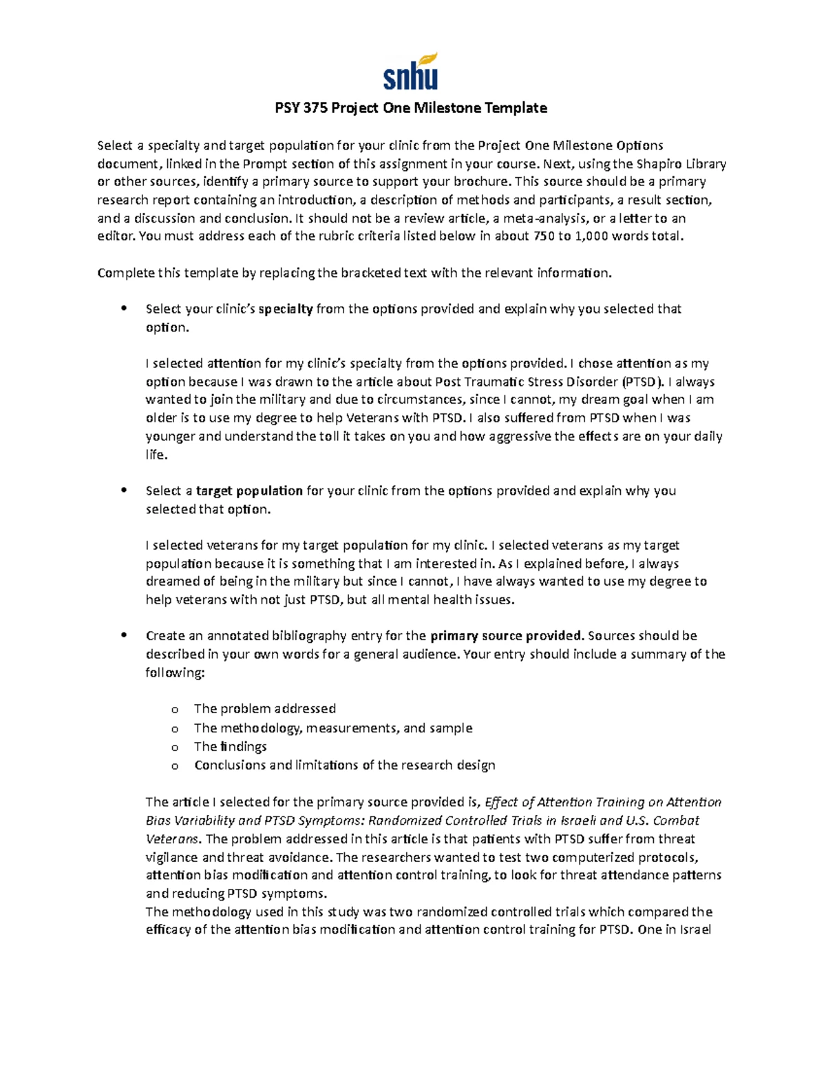 Psy 375 project one milestone specialty target population analysis
