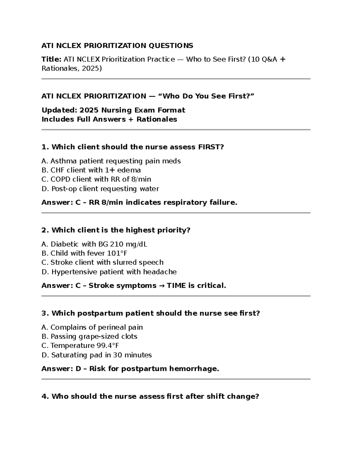 ATI NCLEX Prioritization Practice: Who to See First? (10 Q&A, 2025 ...