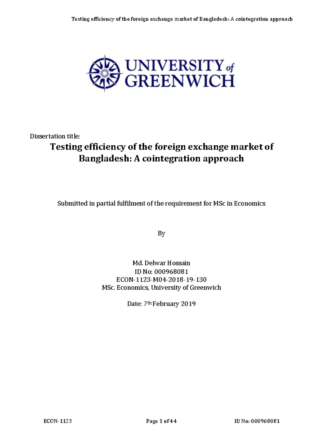 MSc Economics Dissertation: Efficiency of Bangladesh's Forex Market via ...