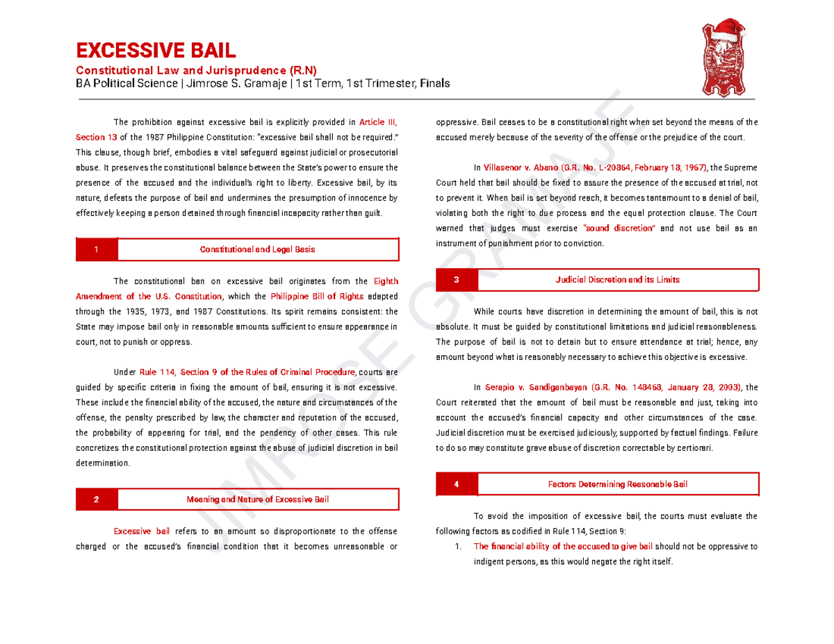 Excessive Bail in Constitutional Law (R.N) BA Political Science Finals ...