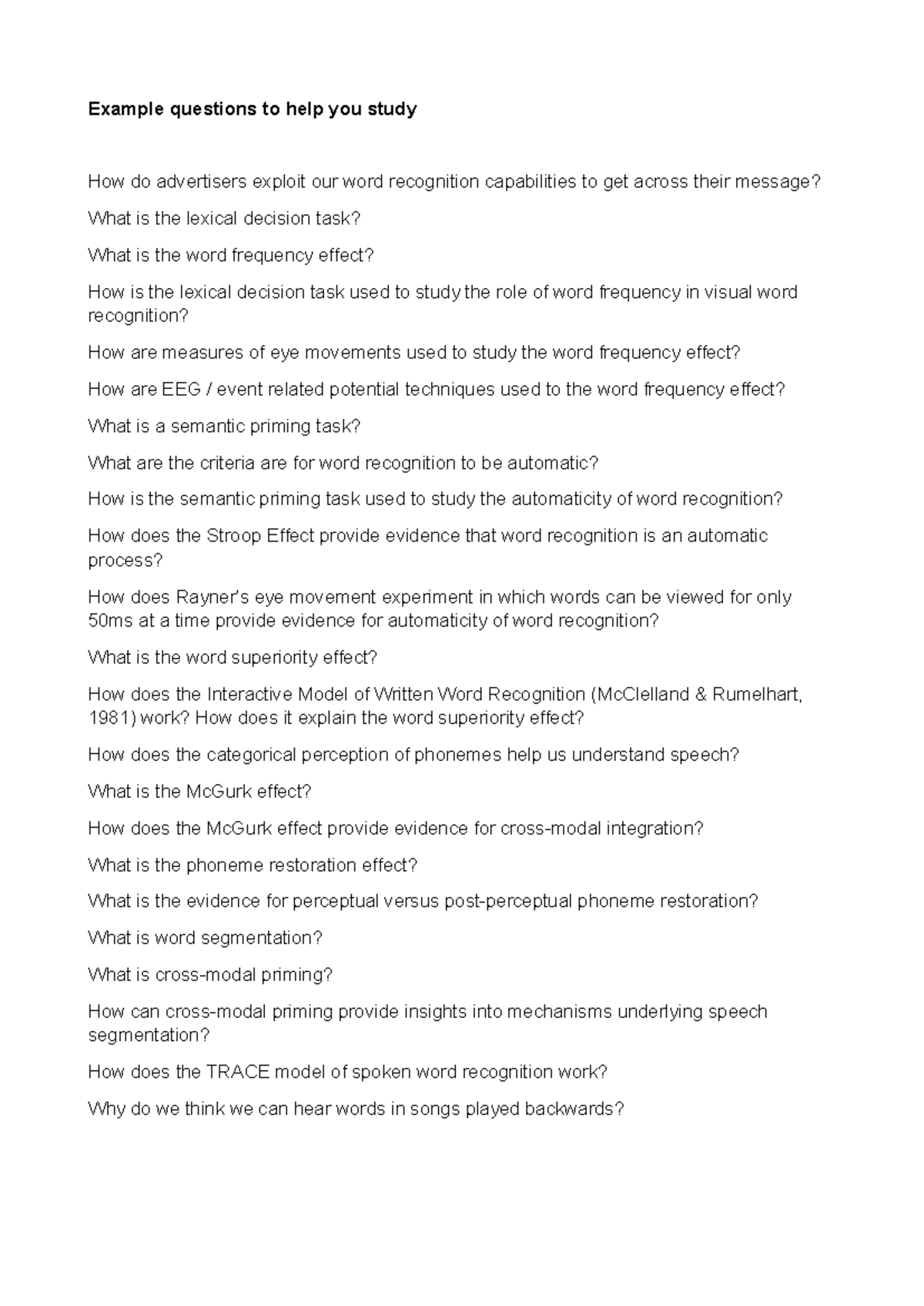 Study Guide: Key Questions on Word Recognition & Advertising Techniques ...