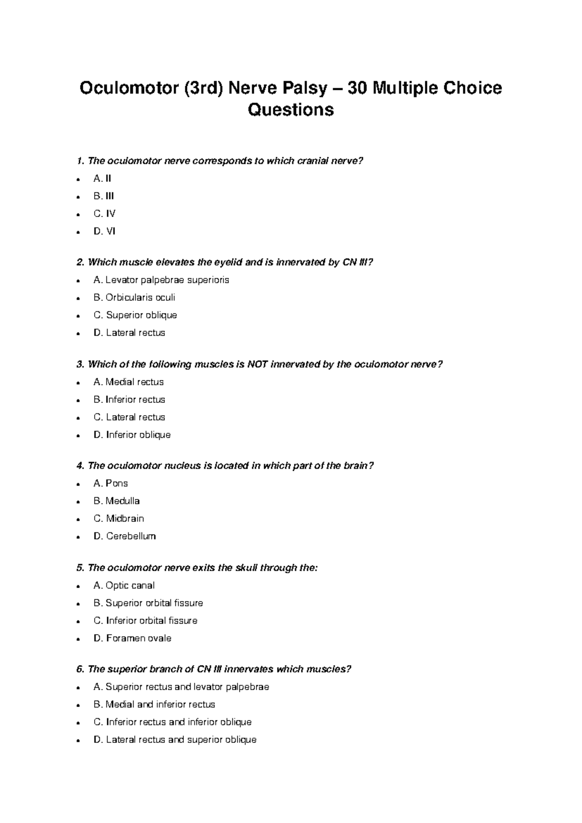Oculomotor Nerve Palsy MCQs: 30 Questions for Review - Studocu