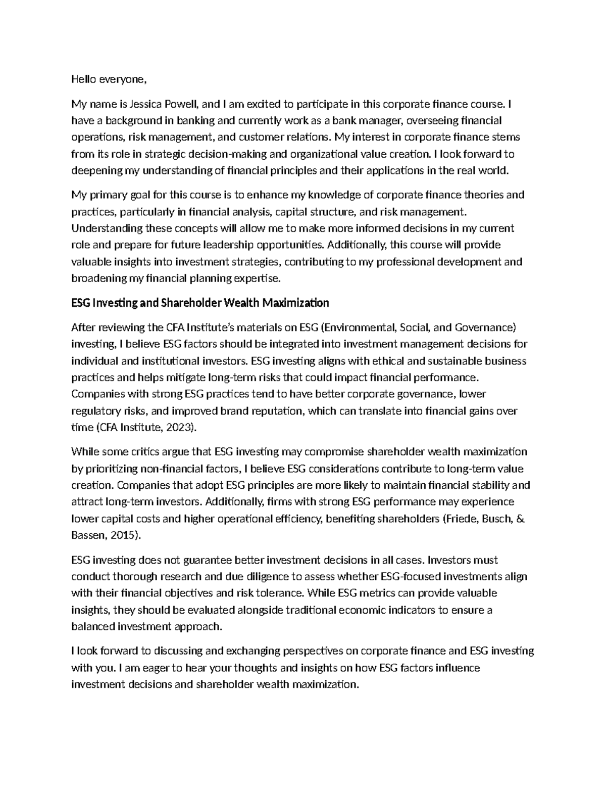 Corporate finance course discussion on ESG investing and value creation ...
