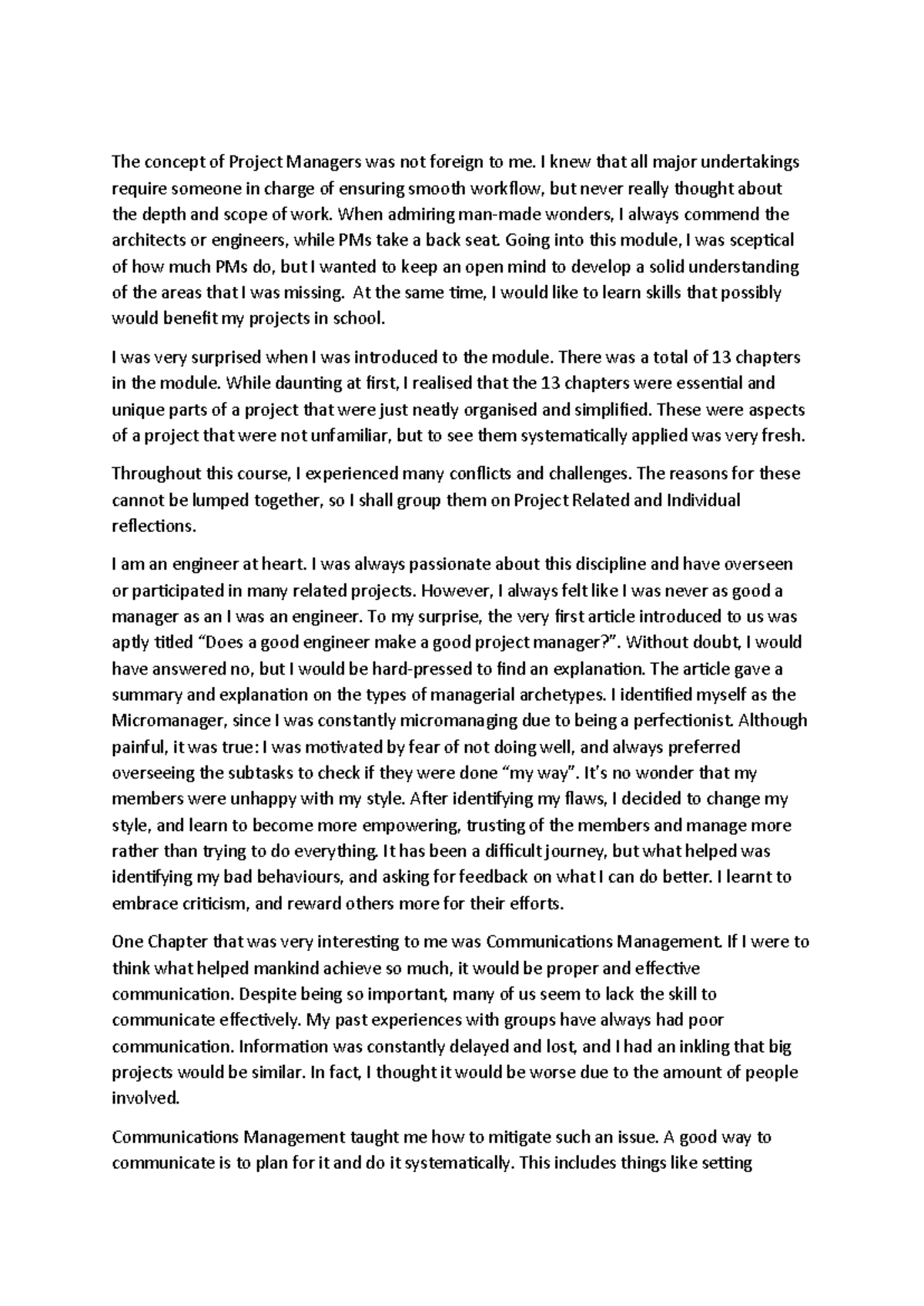 IRE Sample - The concept of Project Managers was not foreign to me. I ...