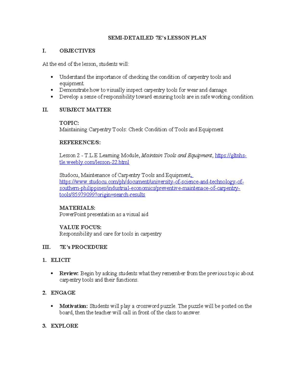 7E's Lesson Plan: Maintaining Carpentry Tools & Equipment Checks - Studocu