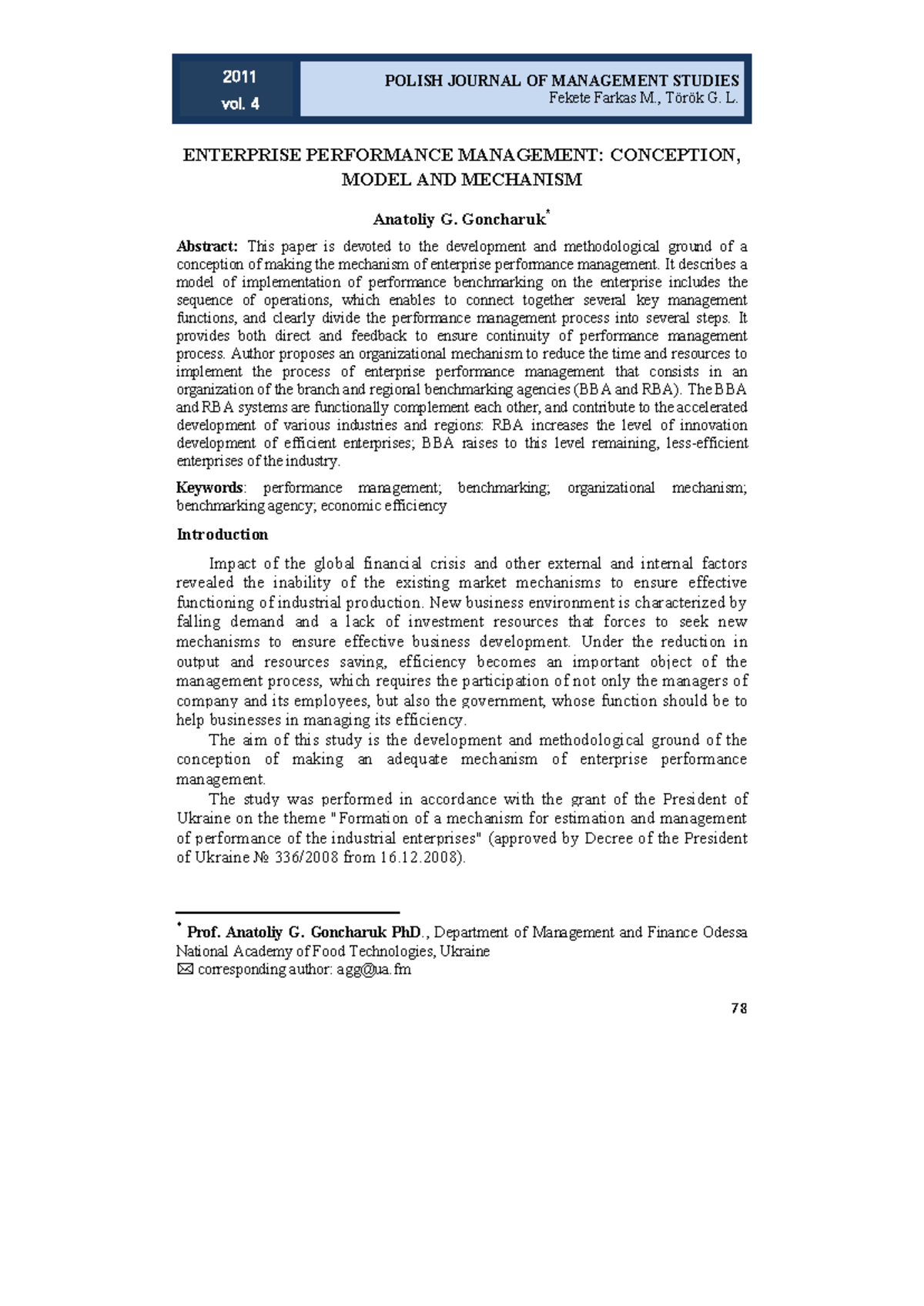 Enterprise Performance Management: Conception, Model & Mechanism (2011 ...