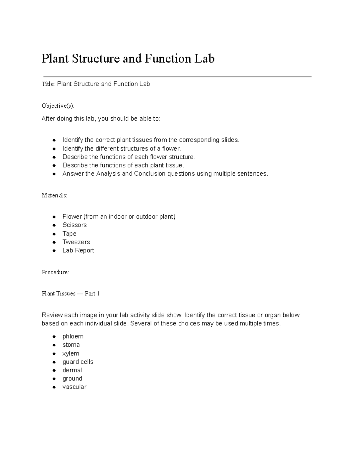 Plant Structure & Function Lab (Bio 101): Tissue & Flower Analysis ...