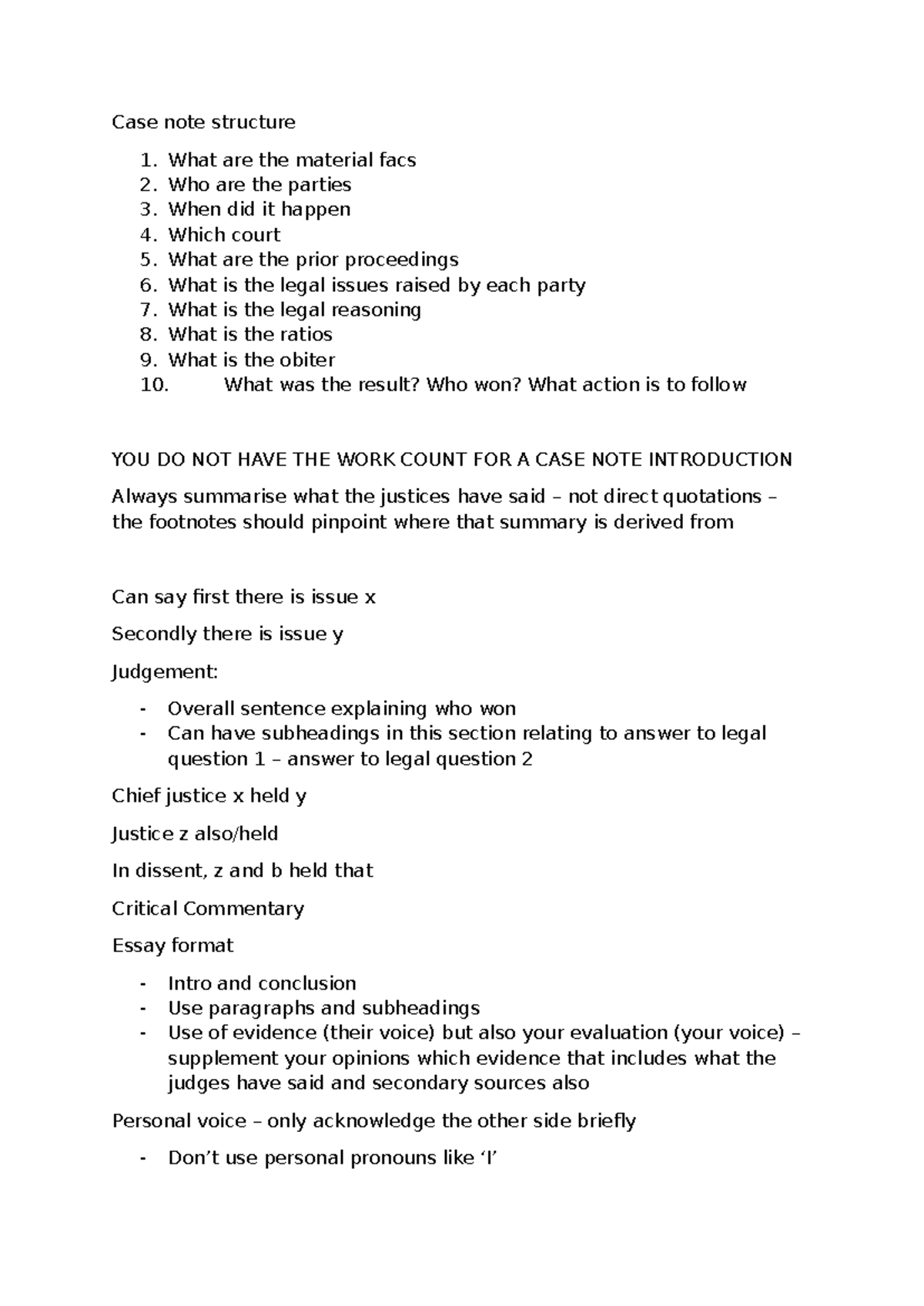 Case Note Structure - Class Notes for Legal Analysis - Studocu