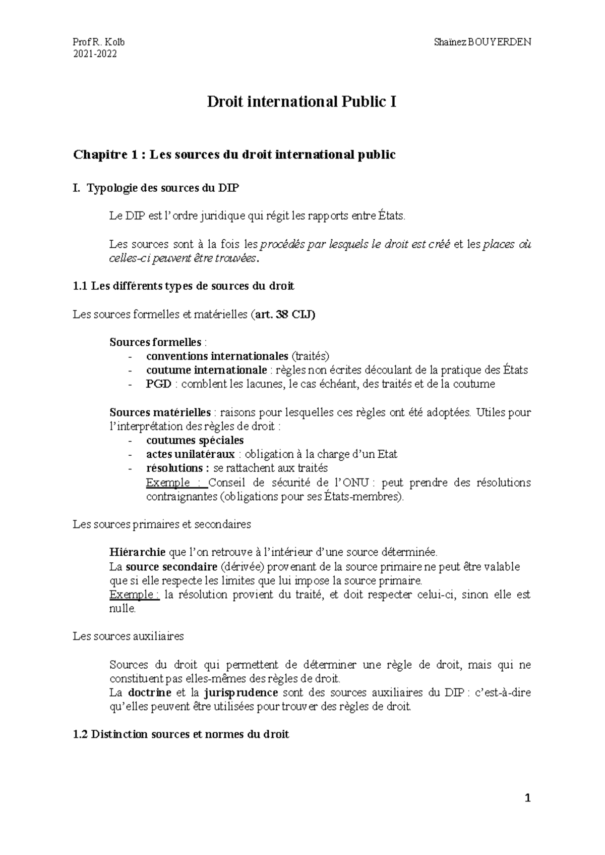 Droit International Public I - Chapitre 1 : Les Sources du DIP - Studocu