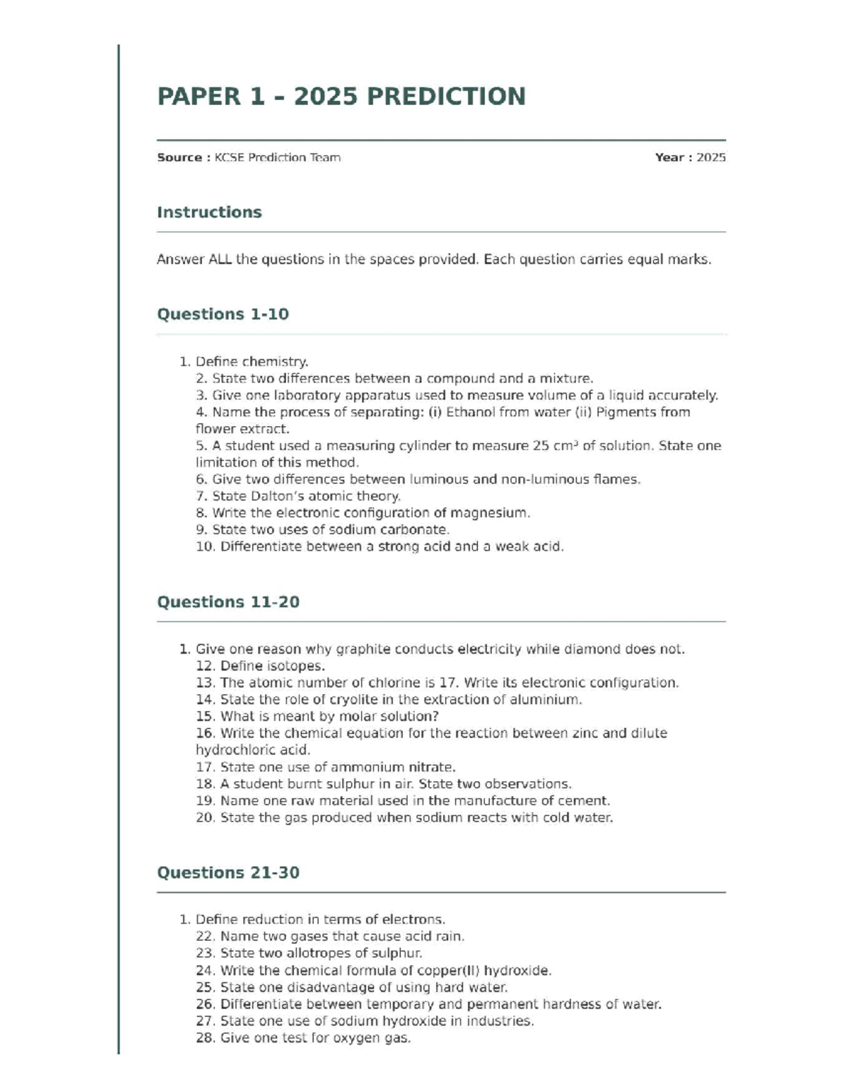 KCSE Chemistry Paper 1 Prediction 2025: Revision Guide - Studocu