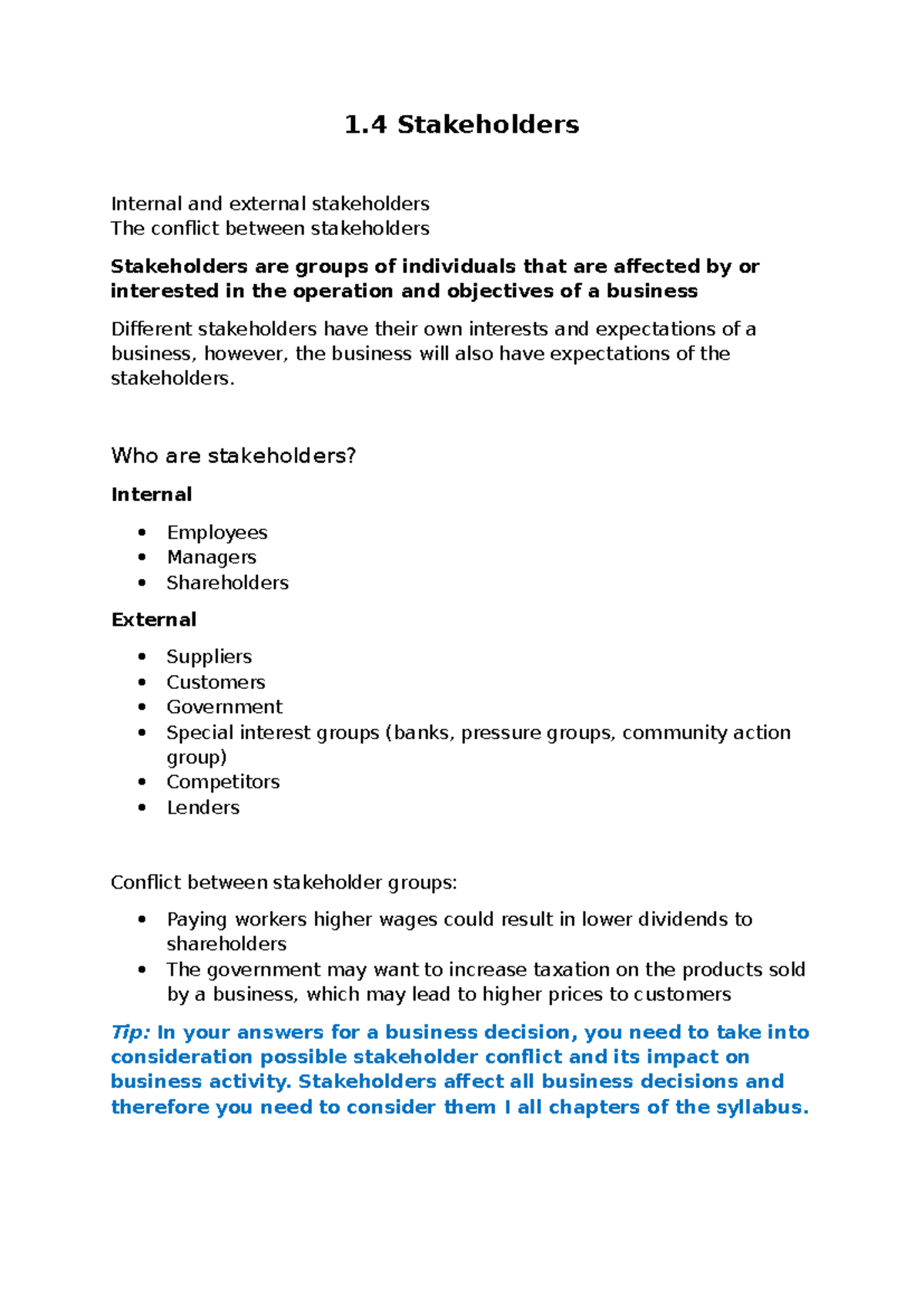 1.4 Stakeholders: Understanding Internal & External Conflicts - Studocu