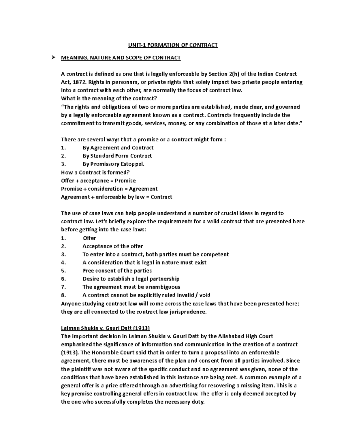 BA LLB NOTE OF LAW OF Contract - UNIT-1 FORMATION OF CONTRACT MEANING ...