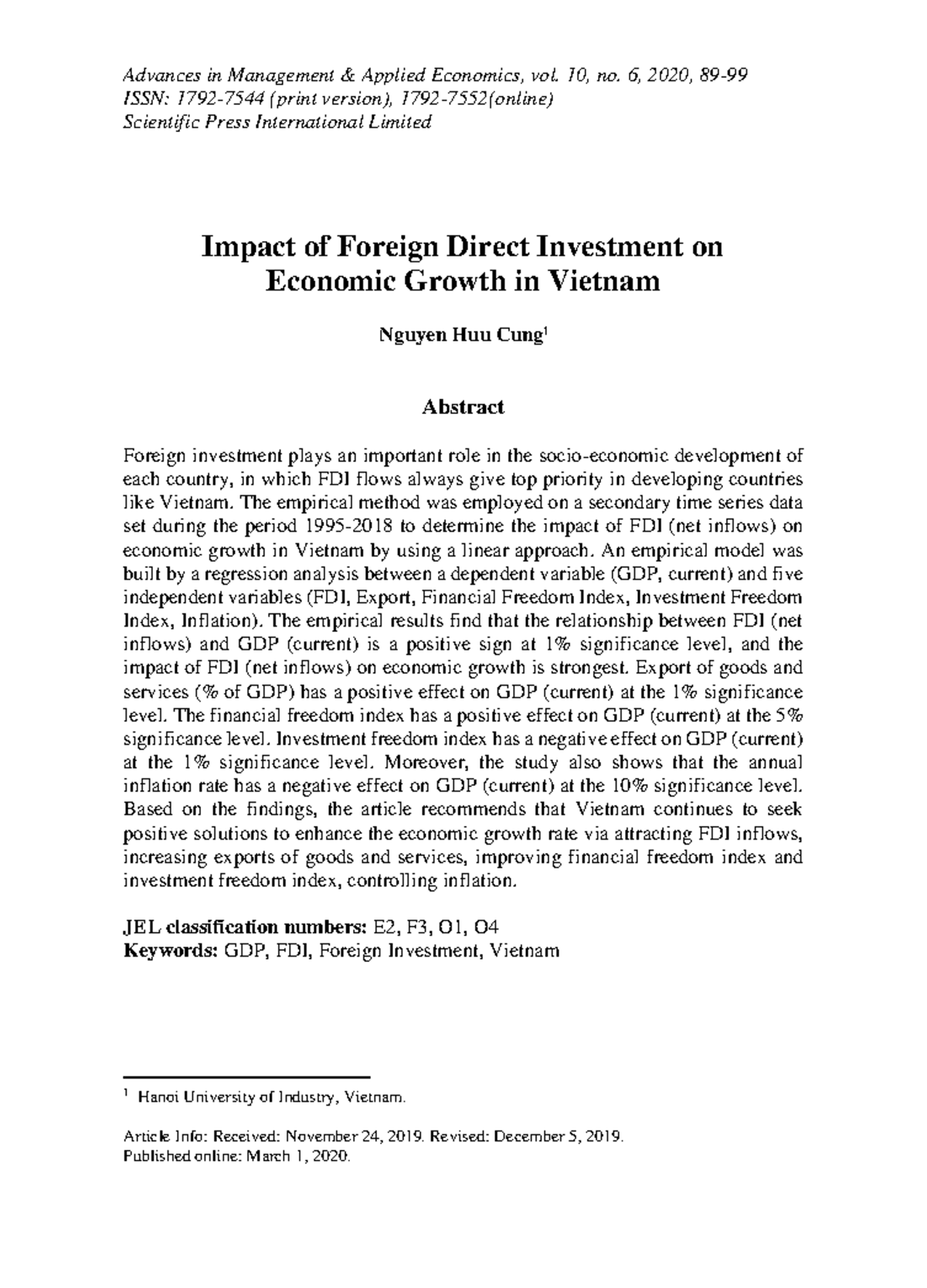 Impact of FDI on Economic Growth in Vietnam (Vol. 10, No. 6) - Studocu