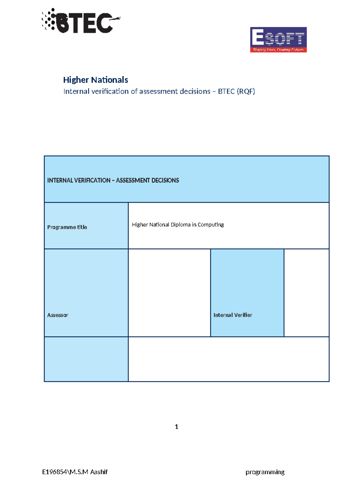 2709 Unit 01 Programming Assignment Final - Internal Verification Form ...
