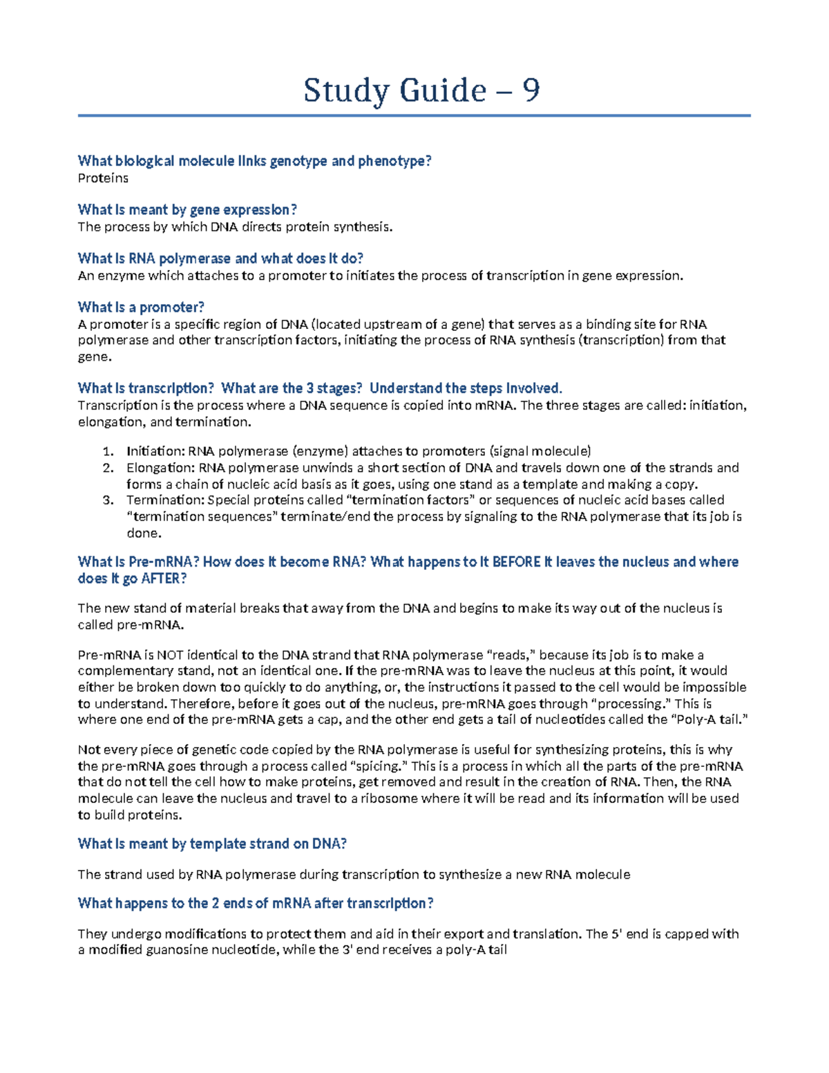 Study Guide: RNA Processing, Translation, and Gene Expression (BIO101 ...