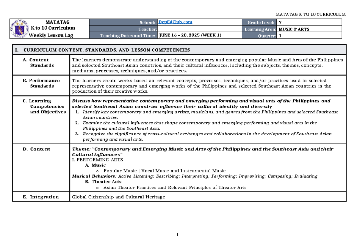 DLL MATATAG K to 10 MUSIC & ARTS G7 Q1 WEEK 1 Lesson Log - Studocu