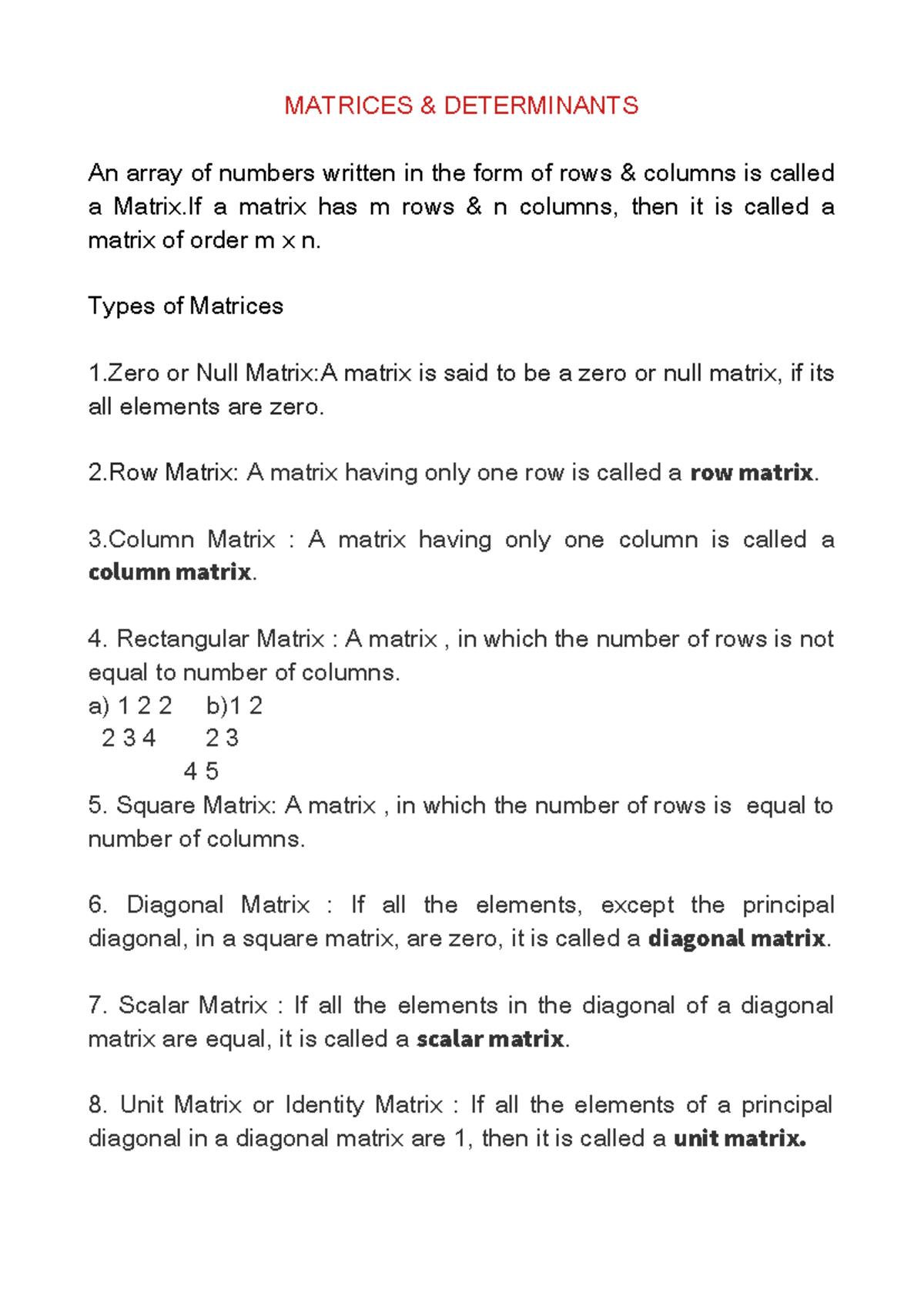 DM Unit2 v1 - Study hard - MATRICES & DETERMINANTS An array of numbers ...