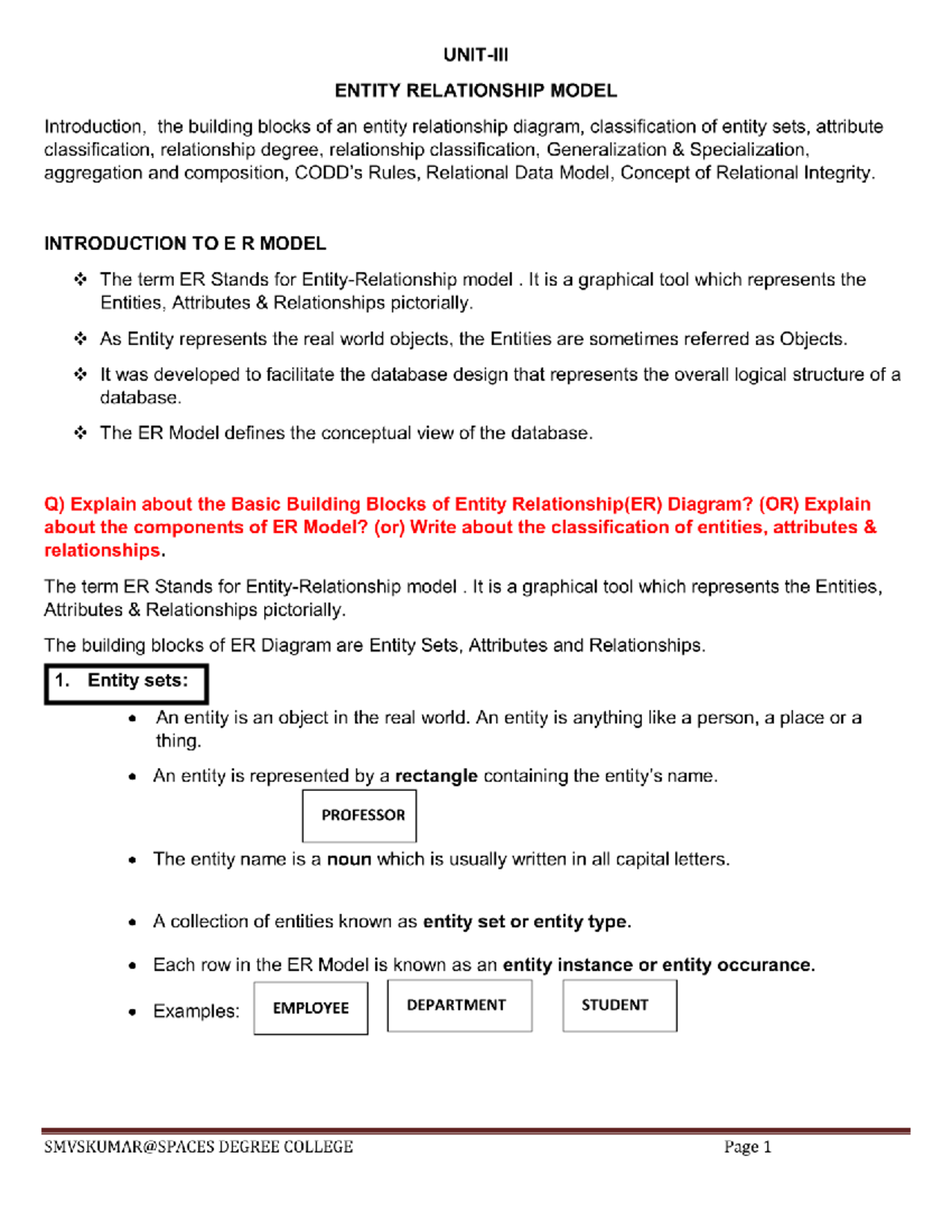 UNIT-III DBMS: Entity Relationship Model Overview & Building Blocks ...