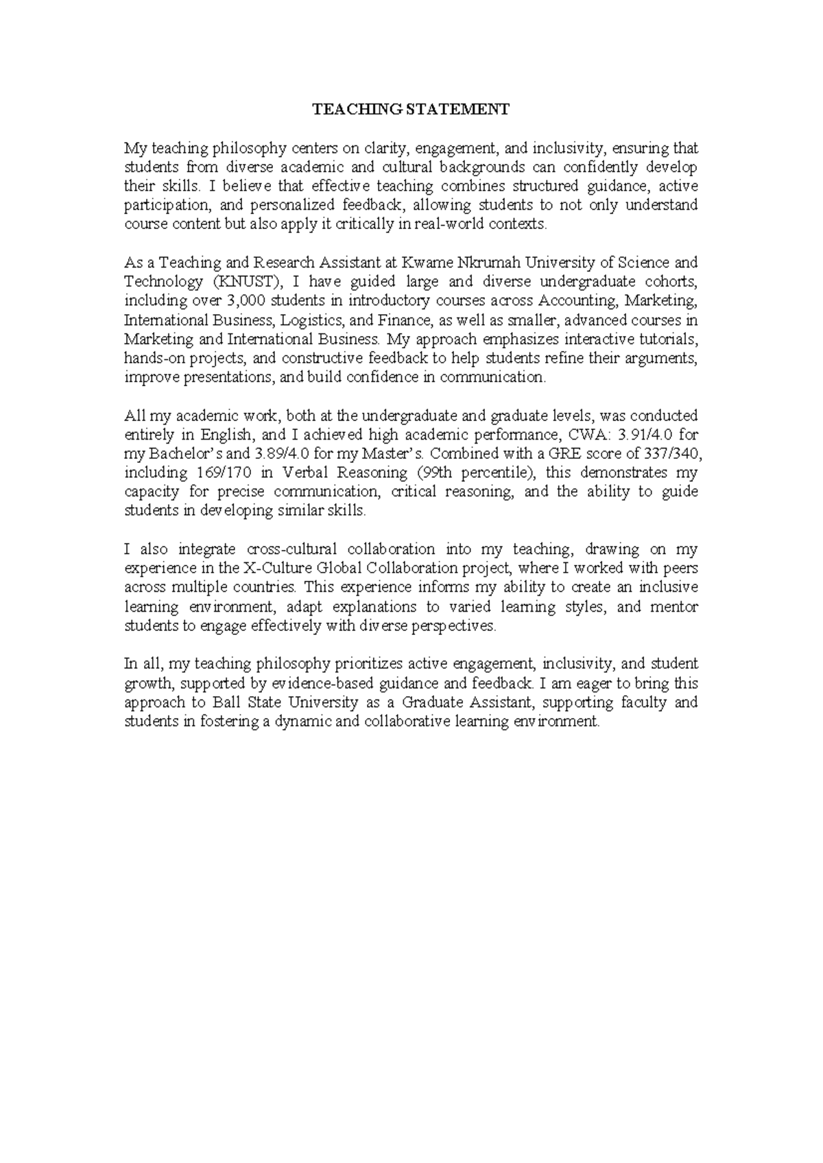 KNUST Teaching Statement: Engaging & Inclusive Learning Philosophy ...