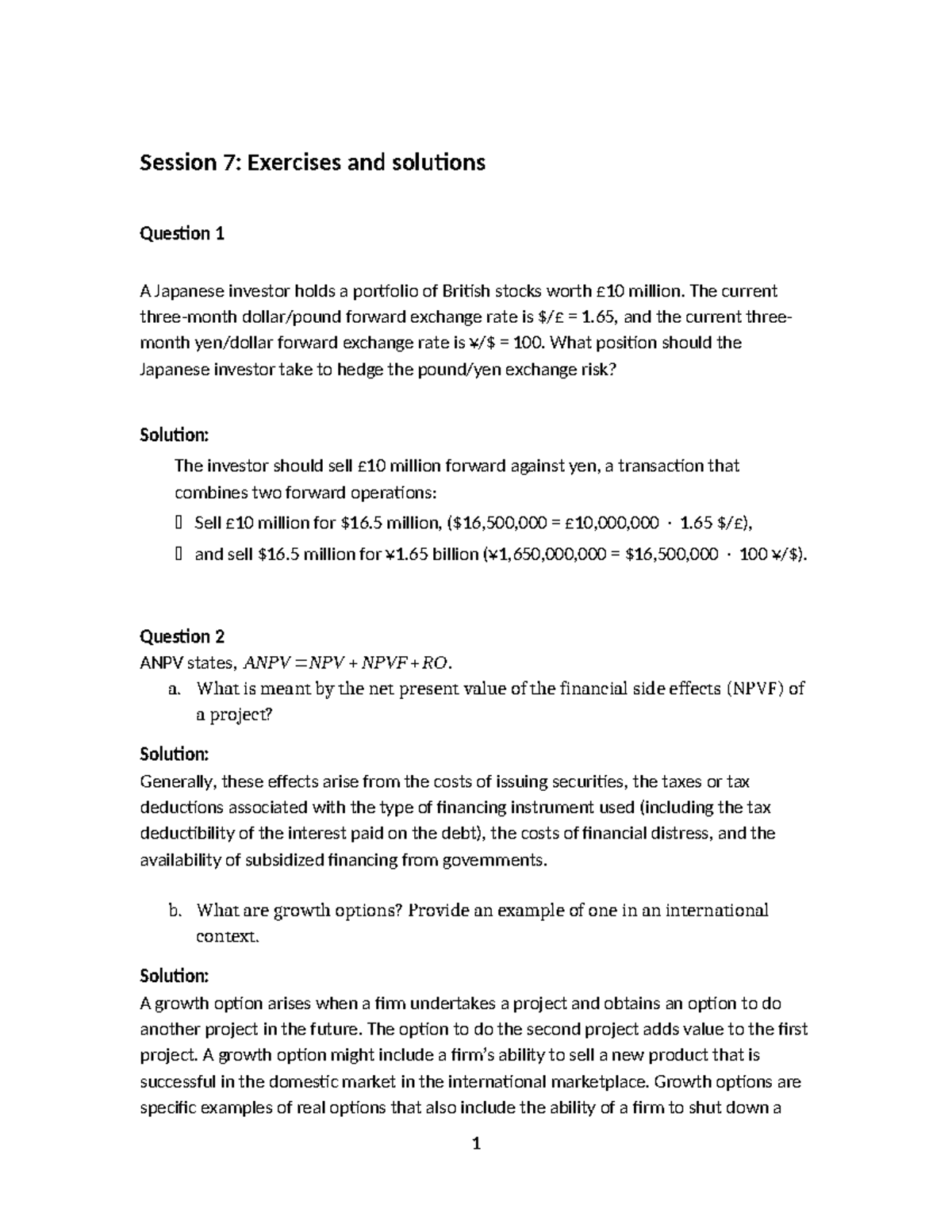 2025 W7: Exercises & Solutions on Exchange Risk & NPV Analysis - Studocu