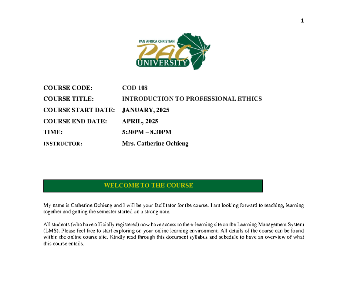 Course Syllabus for COD 108: Introduction to Professional Ethics ...