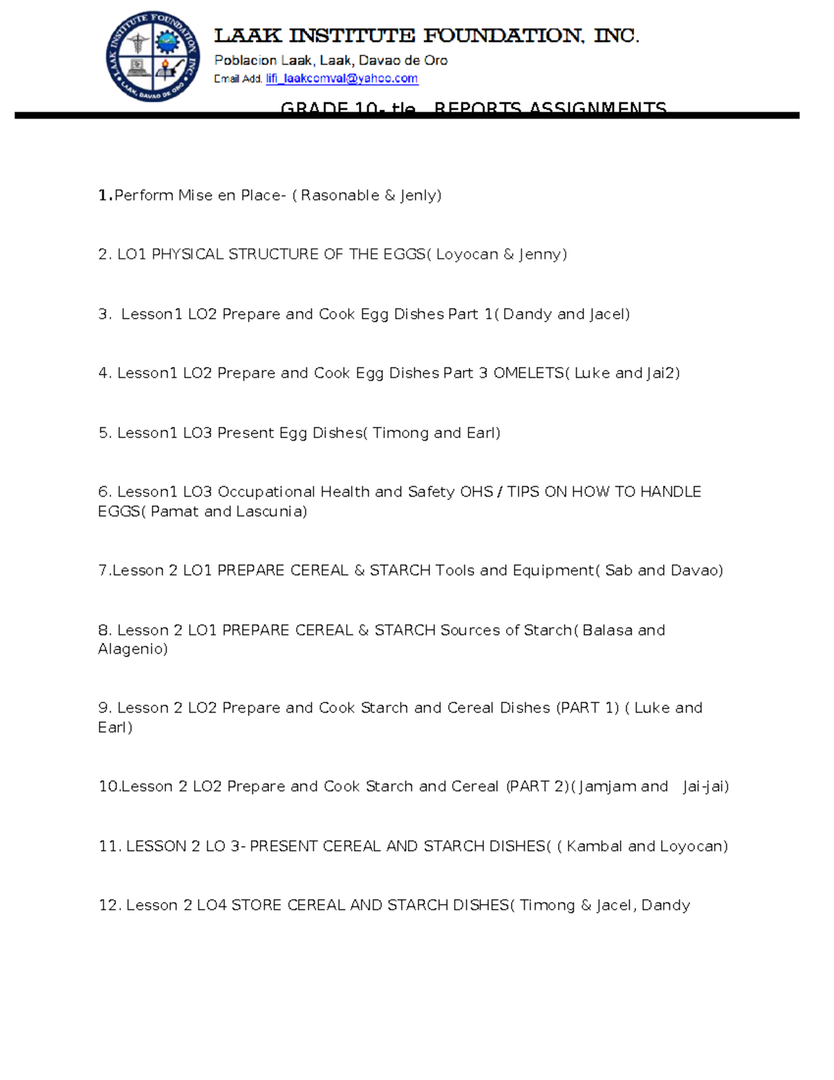 GRADE TLE REPORTS: Assignments on Egg & Cereal Dishes - Studocu