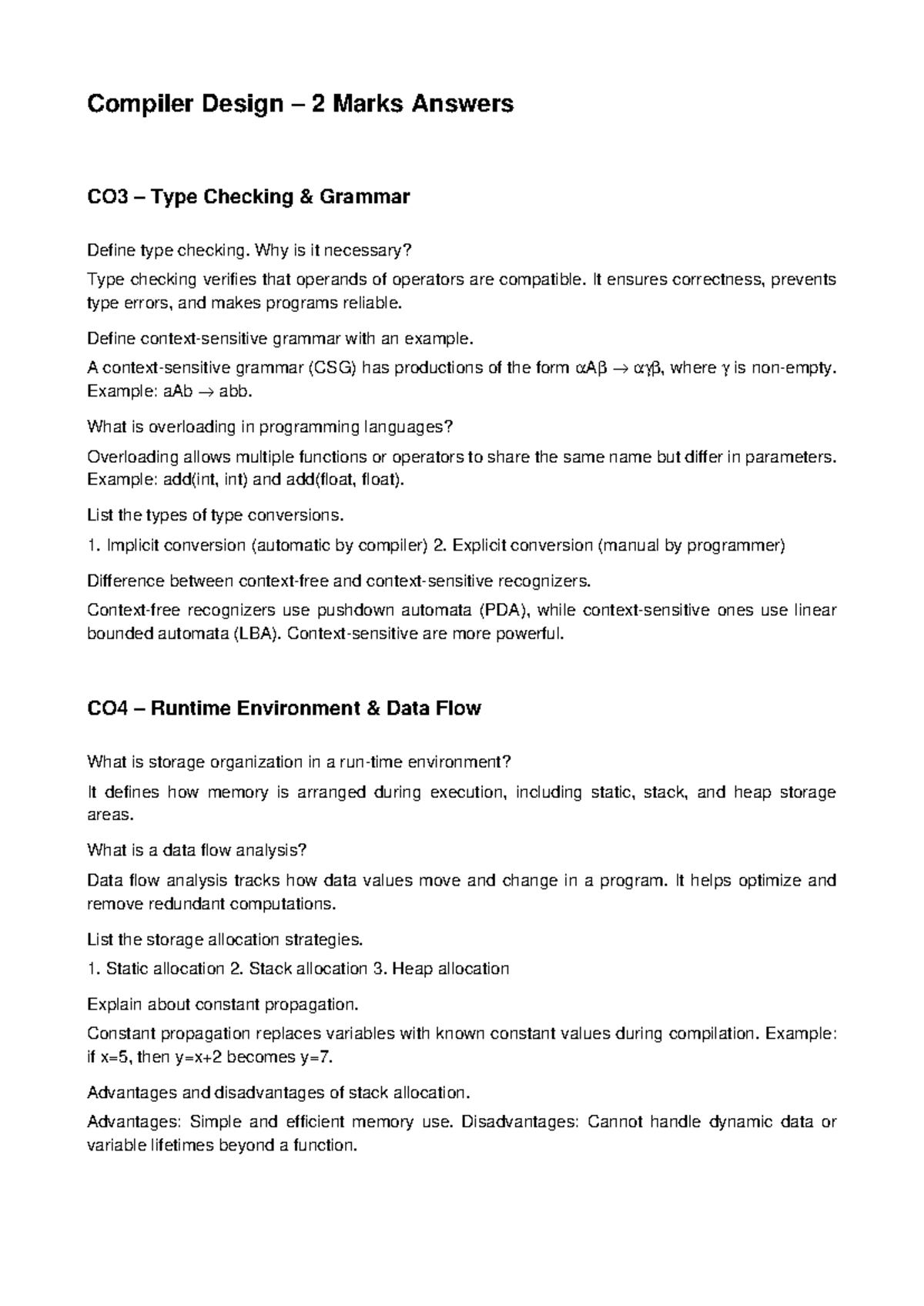 Compiler Design 2M Answers: Type Checking & Runtime Environment - Studocu
