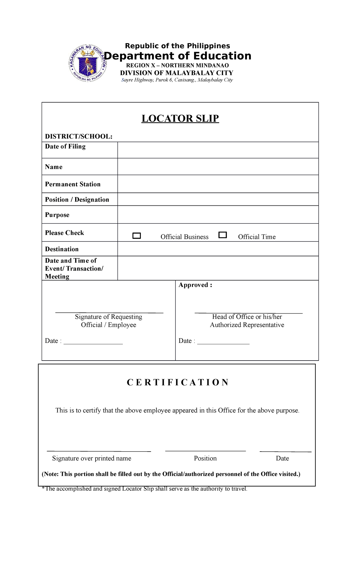 Locator Slip Sample - DepEd Region X Document - Studocu