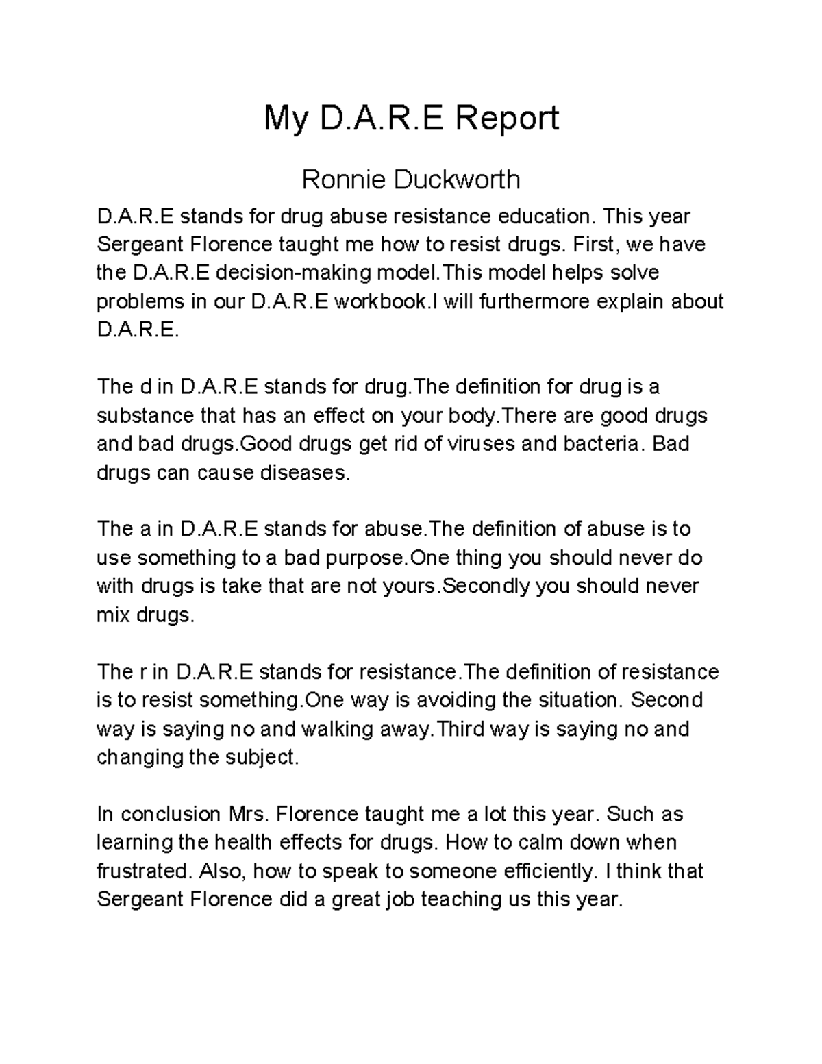 D.A.R.E Report: Lessons on Drug Resistance by Ronnie Duckworth - Studocu
