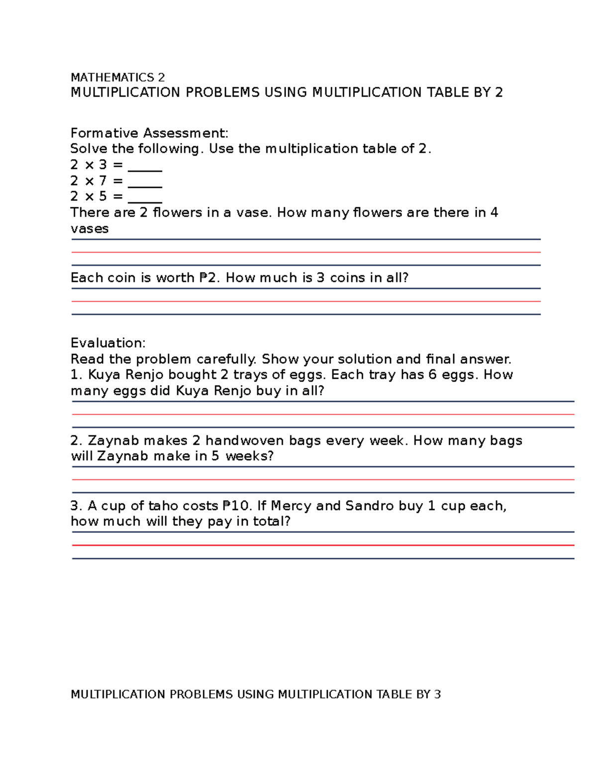 MATHEMATICS 2: Multiplication Problems & Formative Assessment - Studocu