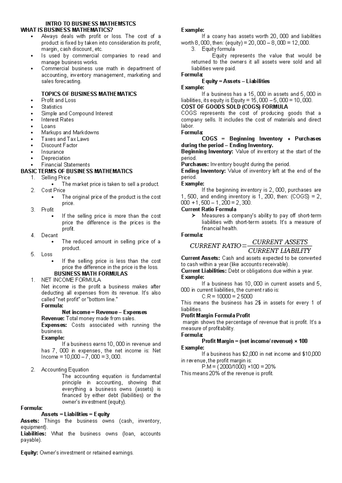 intro to mathematics - INTRO TO BUSINESS MATHEMSTCS WHAT IS BUSINESS ...
