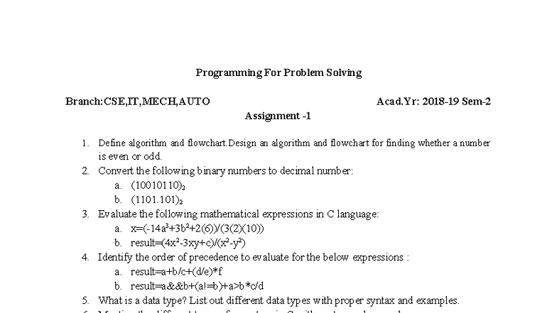 CSE,IT,MECH,AUTO: Assignment 1 - C Programming Tasks and Algorithms ...