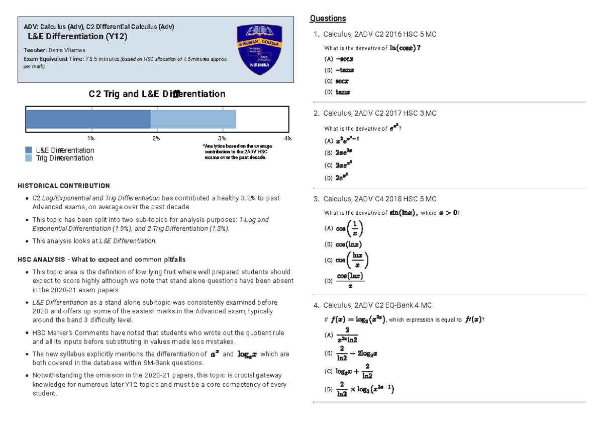 L&E Differentiation Analysis for 2ADV Calculus (Y12) HSC Exam - Studocu