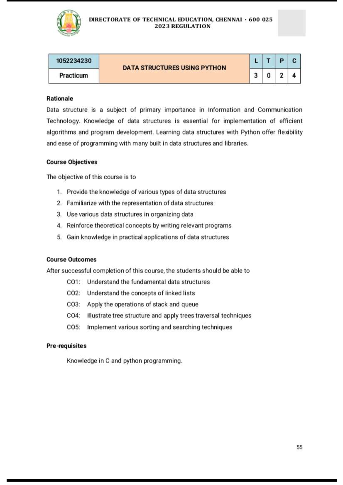 LTPC 1052234230 Data Structures Using Python - Practicum Syllabus 2023 ...