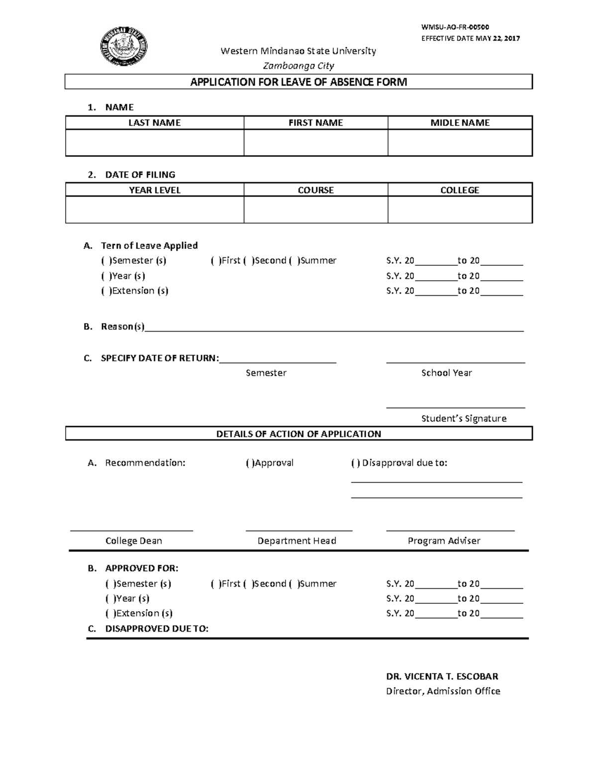 WMSU-AO-FR Leave of Absence Application Form Guidelines - Studocu