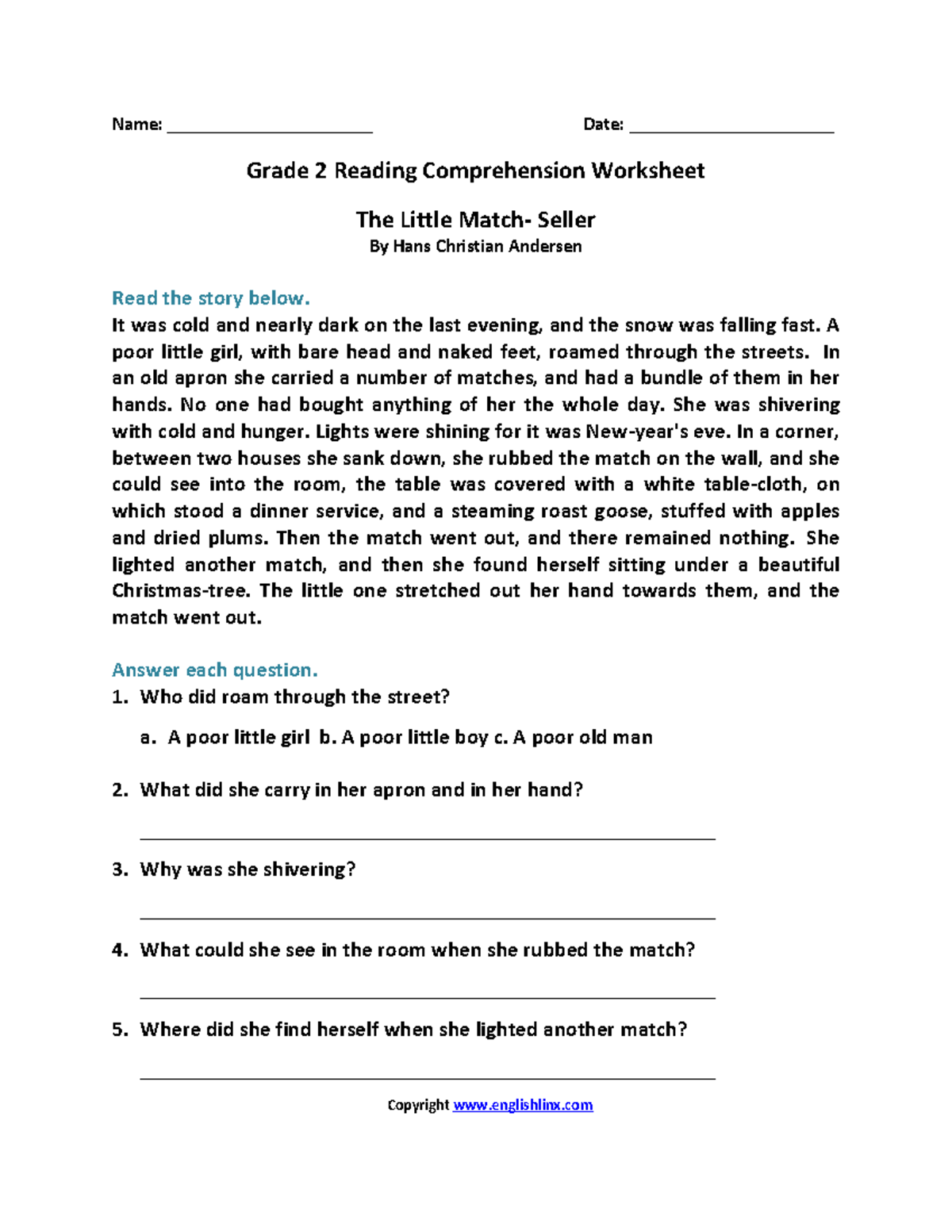 Grade 2 reading comprehension worksheet: The little match seller - Studocu