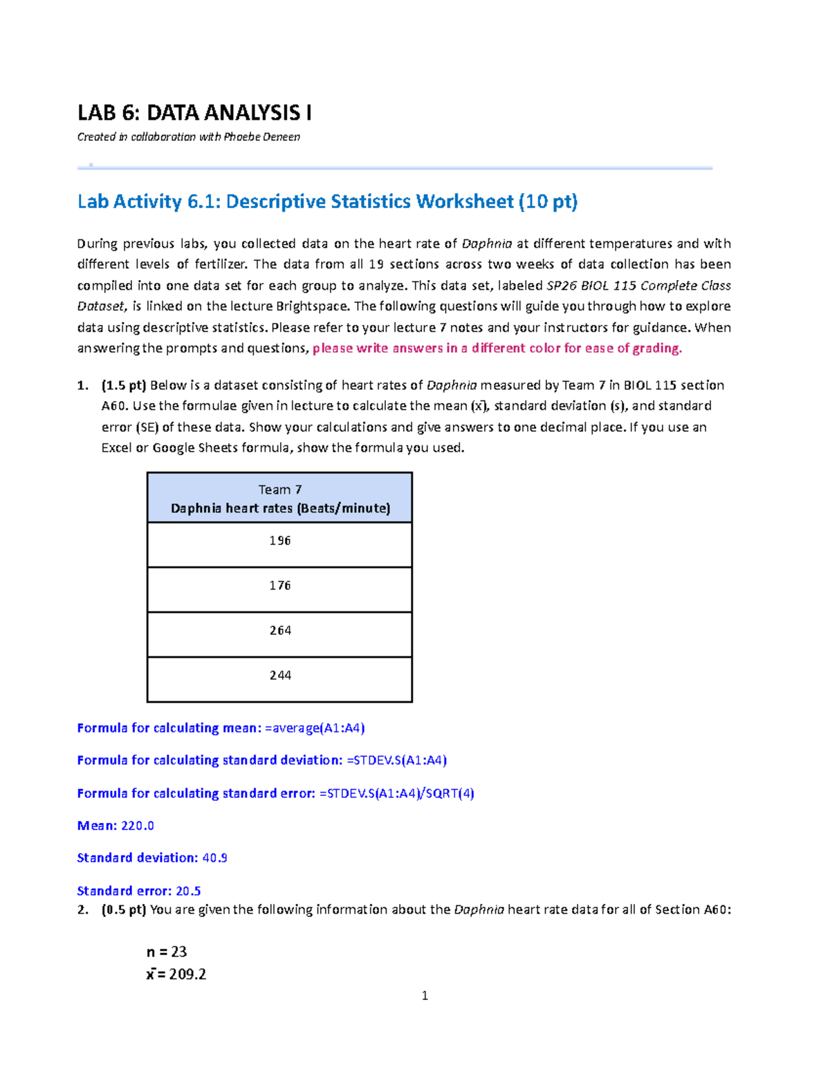 LAB 6: BIOL 115 Descriptive Statistics Analysis and Findings - Studocu